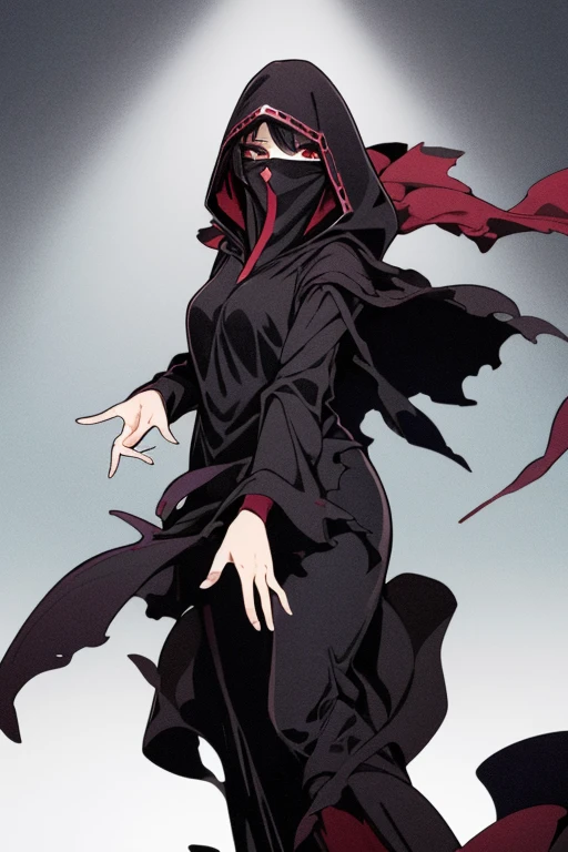 NNAssassinFSF, 1girl, solo, median breasts, black hair, red eyes, long cape sleeves, sleeves covered hands, no hands, dress, long cape, cape, black cloak, hood up, black robe, covered mouth, hooded cloak, ((masterpiece, best quality)) room, dancing 