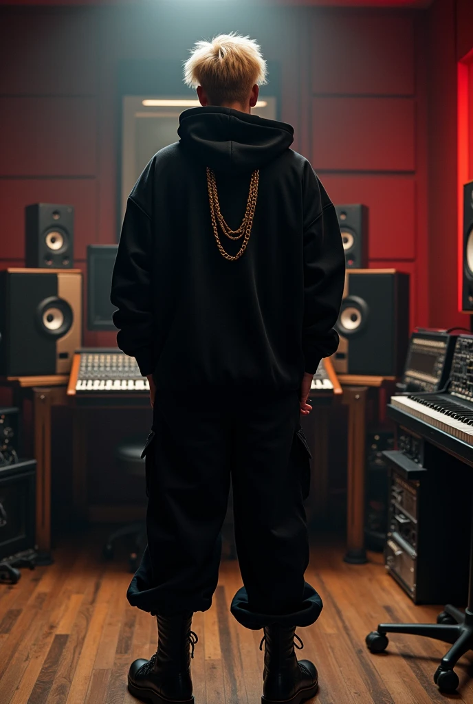 a trap singer, male, dark blond, looked from back, wearing all black clothes, oversized, hoodie, wide trousers, boots, chains, streetwear, standing on a music studio