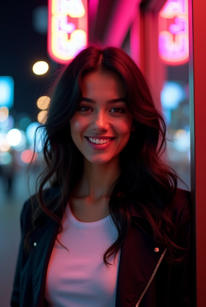 Panoramic photo of a beautiful and hyper-realistic half-length woman smiling on the street at night looking at the camera. The woman has wavy black hair, intense amber eyes, a turned-up nose, porcelain skin, she wears a white T-shirt with a black jacket, in the background the night light on the street and a neon sign that says "YARMILA"