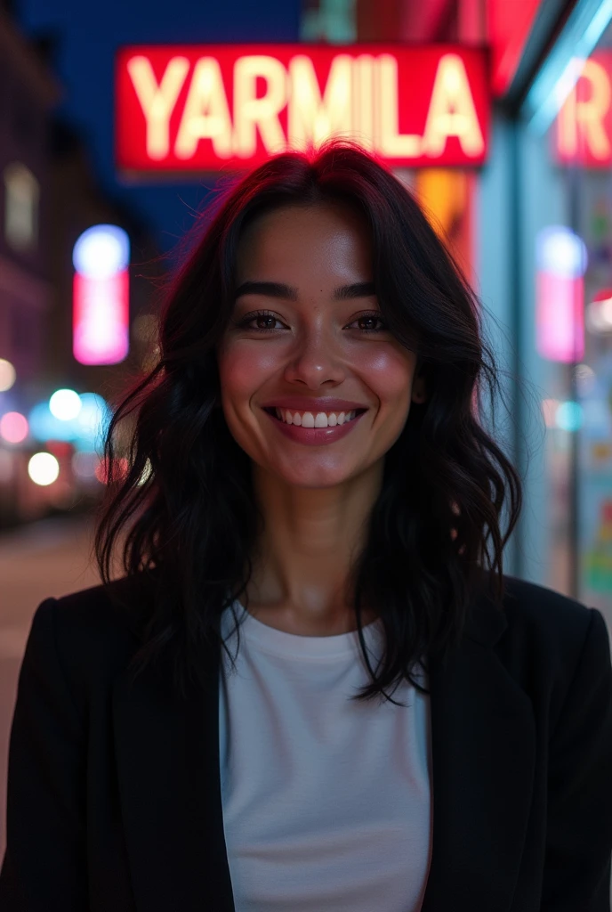 Panoramic photo of a beautiful and hyper-realistic half-length woman smiling on the street at night looking at the camera. The woman has wavy black hair, intense amber eyes, a turned-up nose, porcelain skin, she wears a white T-shirt with a black jacket, in the background the night light on the street and a neon sign that says "YARMILA"