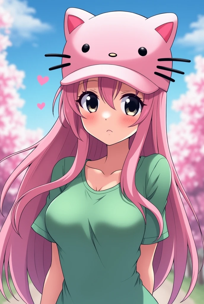 Anime girl with light pink hair, large breasts, wearing a green shirt, slim and beautiful with black eyes, a light pink Hello Kitty hat, cute.
