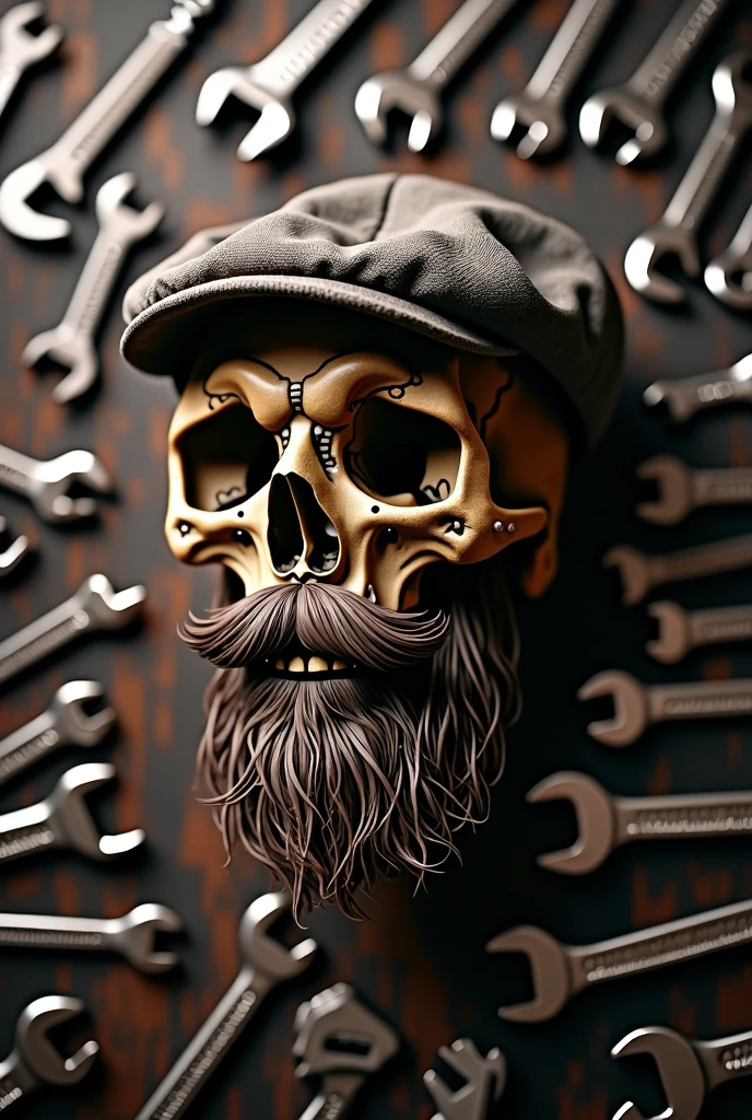 masterpiece, Best Quality, 4k, 8k, ultra detailed background of french wrenches, delicate pattern, complex and detailed background, studio lighting, Fantastic, skull with beard and mustache, skull with cap