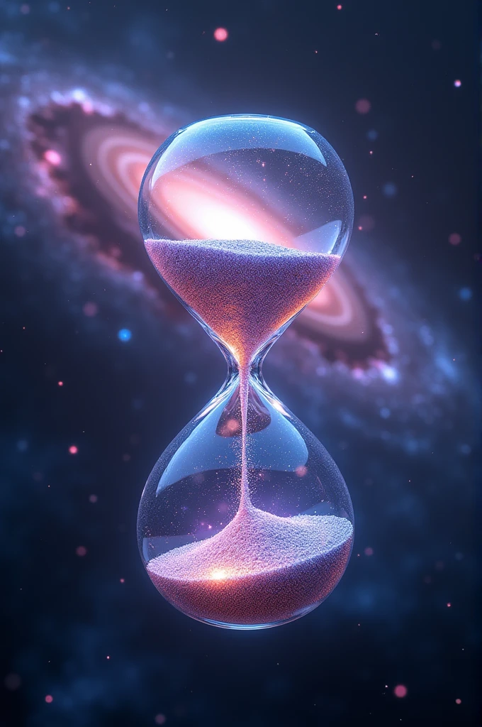 "Cosmic hourglass floating in space: top half filled with shimmering waves of light, bottom half with luminous particles. Galaxy spiral in background. Light beams bend around hourglass, showing refraction. Einstein and Planck as constellation silhouettes. Sleek text: 'Light: The Universe's Greatest Paradox'"