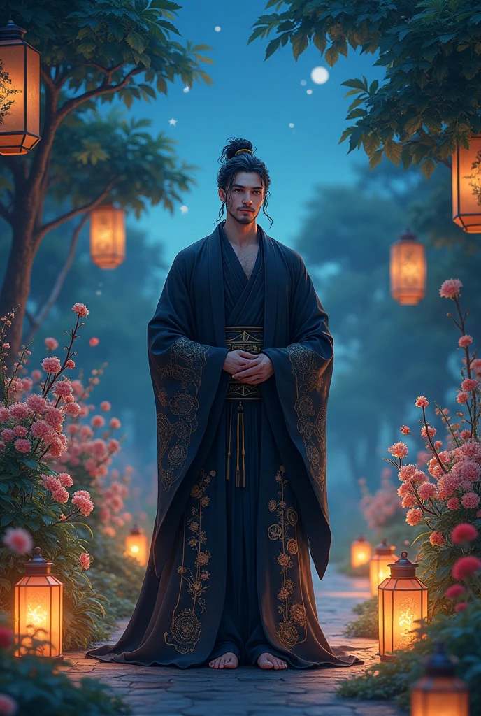 A man without a beard and without hair, that generates peace to see it, black robe with references to alchemy and anime version