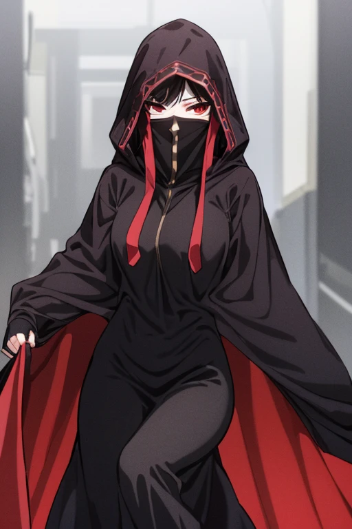 NNAssassinFSF, 1girl, solo, large breasts, black hair, red eyes, long sleeves, dress, hood, black dress, black cloak, hood up, black robe, covered mouth, hooded cloak, ((masterpiece,best quality))park