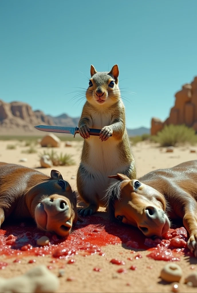 Squirrel killing horses stabbed in the desert stabbed with a knife, dead horse