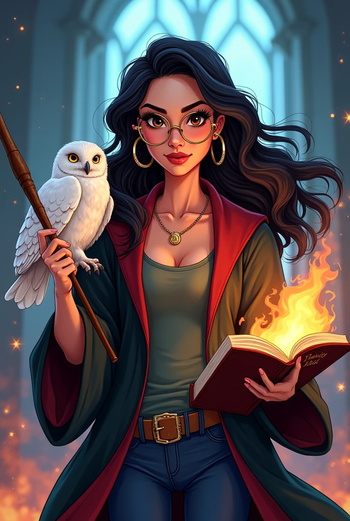Cartoon of a woman with long wavy dark hair, dark brown eyes with black eyeliner,  gold glasses, hoop earrings, grabbing a wooden wand and a flaming book with his pet, a white owl, wearing a Hogwarts Harry Potter robe and a silver necklace around her neck 