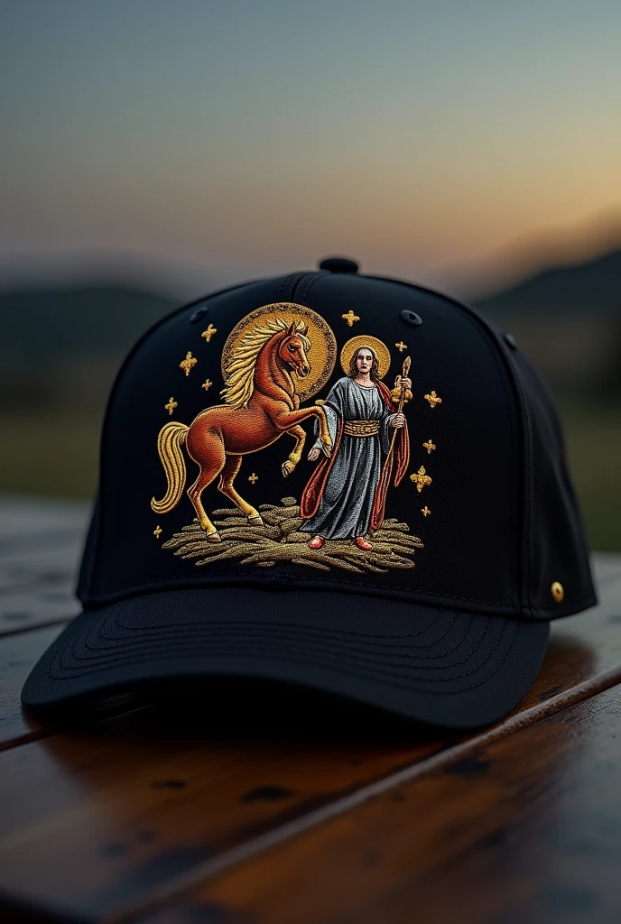 Make me a design for a black cap with an embroidered design of a horse and Saint Jude Thaddeus
