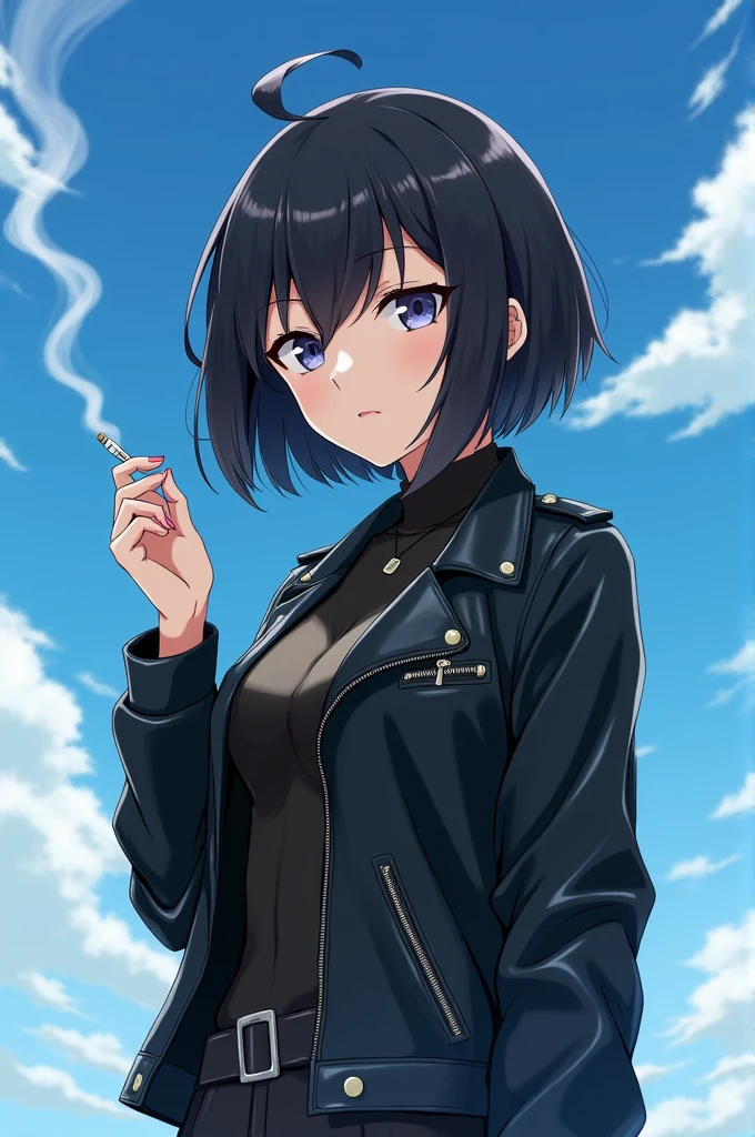 anime adult female with short black hair wearing a leather jacket and holding a cigarette with a blue sky as a background