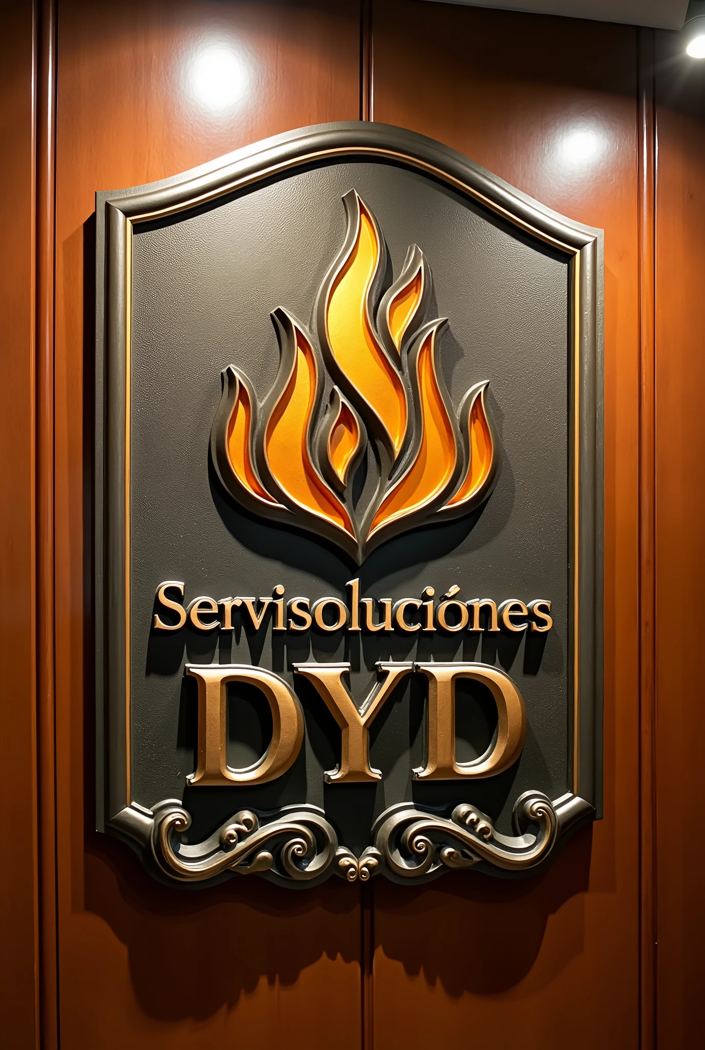 Business notice bronze gold that says servisoluciones D Y D that has a fire logo, current, gas and fireplaces  and has a good presence 