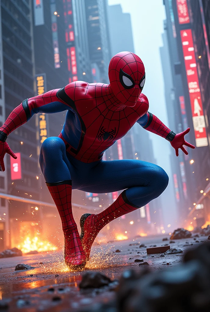 Spider-Man's stance is dynamic—one knee bent as he dodges an incoming attack, his other hand outstretched, ready to shoot another web. The background is chaotic, perhaps in a futuristic city or a tech-laden villain’s lair, with sparks, debris, and explosions highlighting the intensity of the fight. The lighting should emphasize the energy from the gun, casting a glow on Spider-Man's suit, and capturing the action-packed moment.