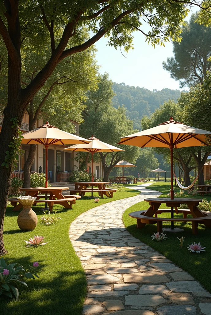 Recreation Zone "La Bodega de Lilith"
The recreation area is located in a quiet area of the vineyard, with panoramic views of the vineyards and surrounding mountains. The environment is designed to offer a space for rest and recreation for workers, as well as to receive visitors interested in wine tourism.
Main elements:
Picnic Area: An outdoor space with tables and benches made of recycled wood, located under pergolas covered with vines. There are also ecological fabric umbrellas for shade. The tables are located near a small natural water fountain.
Rest and Reading Area: Benches and hammocks distributed under the trees, with vineyard views. A small outdoor library, built with recycled materials, offering books.
Aromatic Plant Garden: A garden with aromatic herbs and medicinal plants used both in the vineyard kitchen and for the well-being of employees.
Stone paths meander through the garden, inviting relaxing walks.
Sports Area: A multi-purpose natural grass court for light sports such as football and volleyball.
An area with outdoor exercise equipment, like parallel bars and ab benches.
Barbecue Area and Outdoor Dining: An outdoor kitchen with ecological grills and community tables. This space is roofed with a green roof, which helps regulate the temperature and maintain integration with the natural environment.
Hiking and Cycling Circuit:Trails surrounding the vineyard, ideal for walks or bike rides. These paths also include rest stops with panoramic views and information plaques.
aesthetics and sustainability: Designed with recycled materials, solar energy for lighting and recycled water for irrigation, emphasizing integration with the natural environment and sustainability.