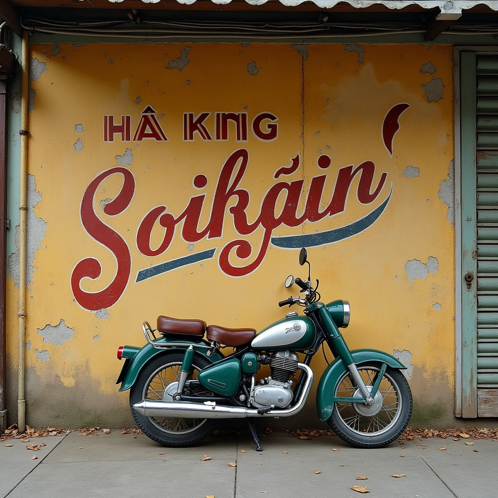 Create a vintage advertisement wall backdrop inspired by old Saigon, Vietnam. The backdrop should feature aged, weathered walls with faded, hand-painted advertisements in Vietnamese. Include elements like retro typography, traditional Vietnamese fonts, and illustrations from the 1950s-1970s era, such as old Grab signs, vintage motorbikes, or classic Vietnamese products like old soap brands. The colors should be muted and slightly worn, reflecting the passage of time, with a warm, nostalgic atmosphere







