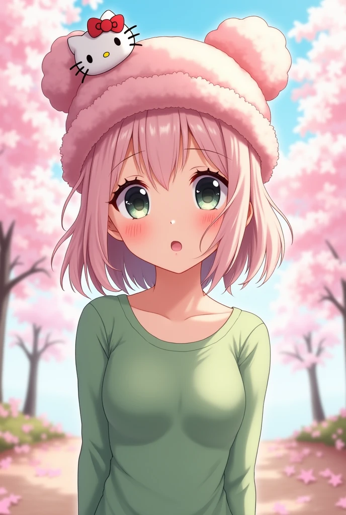 Anime girl with light pink hair, large breasts, wearing a green shirt, slim and beautiful with black eyes, a light pink Hello Kitty hat, cute.