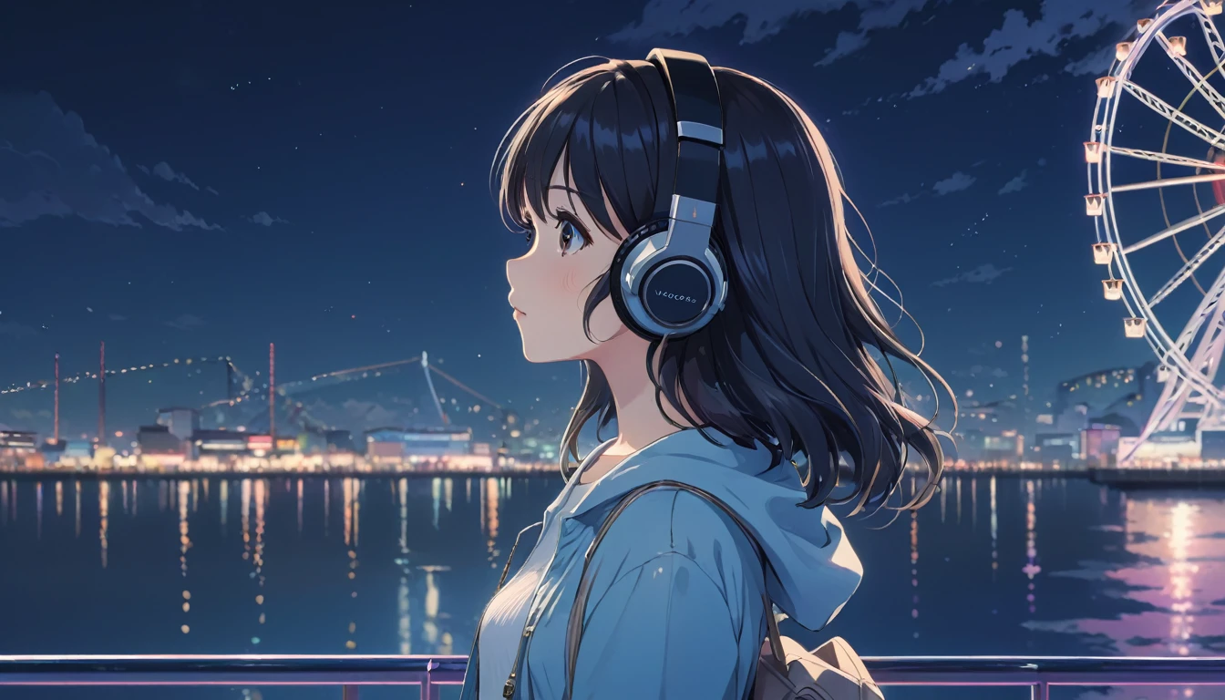 A woman standing in front of a Ferris wheel with headphones on., Nightcore, LOFI Girl, Anime Style 4k, Anime atmosphere, Lo-fi art style, anime wallpaper 4k, anime wallpaper 4k, Cute anime visuals, 4k anime wallpaper, Anime Background, Anime Aesthetics, Makoto Shinkai style, anime art wallpaper 4k