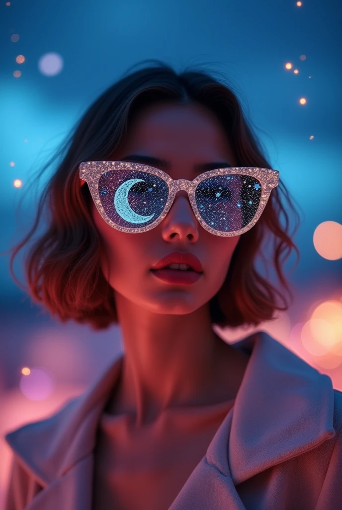 The model is wearing glass sunglasses with stars and the moon on the glass