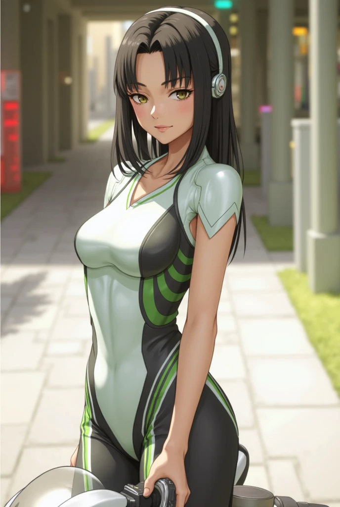 Maximum image quality, outstanding details, ultra high resolution, (Realism: 1.4), the best illustration, favor details, 1 very condensed girl, with a delicate and beautiful face, dressed in a black and green wick, wearing a mecha helmet, with black hair and a mole next to her mouth, holding a directional controller, ride a motorcycle, the background is a high-tech lighting scene of the city of the future.
