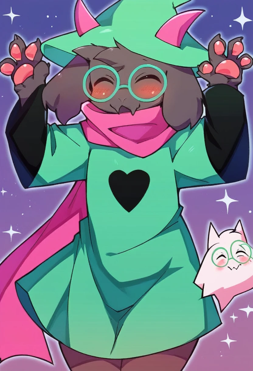  (score_9, score_8_up),furry, fur, face, Ralsei(deltarune), goat, dark fur, pink horns, black sleeves, cute, green glasses, hat, green shirt, standing, arms up with his hands doing the L sign,pink scarf,closed eyes, happy, smug face, bending over, wide hips,  {{Artist: %zankuro%}},  1furry, solo, blushing, male, 