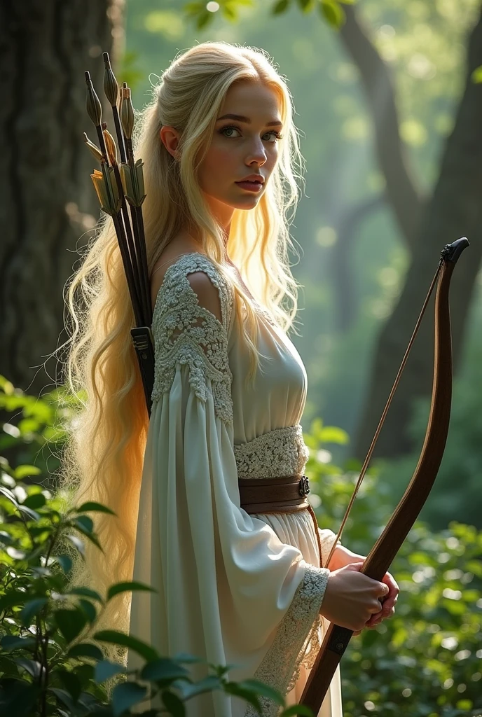 create a character in the medieval era.
a elf  ,Blonde hair and green eyes.
wearing white clothes and a bow and arrow