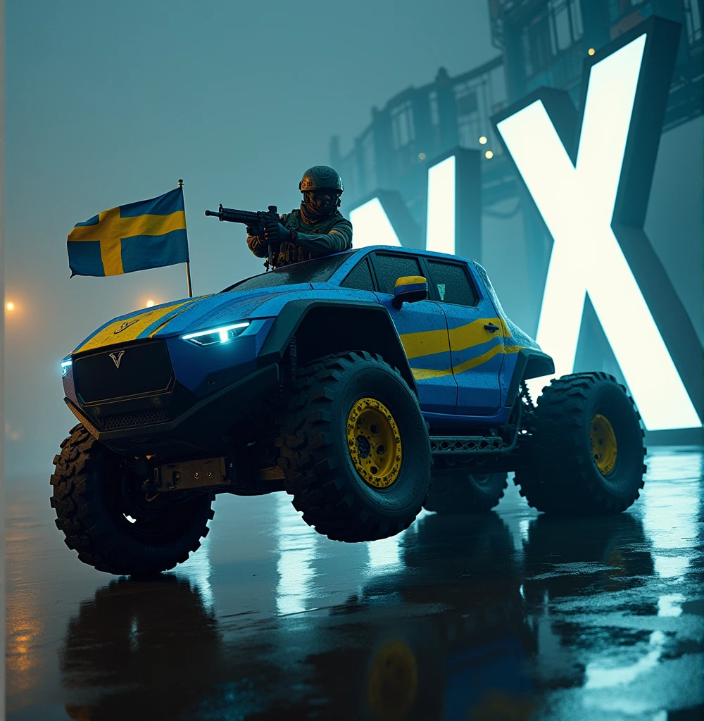 A highly trained Swedish special forces soldier, driving a futuristic blue Tesla Cybertruck with yellow stripes, performing adrenaline-fueled wheelies around a massive X logo sign, wielding an imposing heavy machine gun, a swedish flag on the back of the truck, cinematic, dramatic lighting, hyper-realistic, 8K, 3D render, photorealistic, chiaroscuro, moody, gritty, military, tactical, advanced technology, dynamic pose, muscular physique, tactical gear, serious expression, rugged environment, stunning visuals, powerful, intense