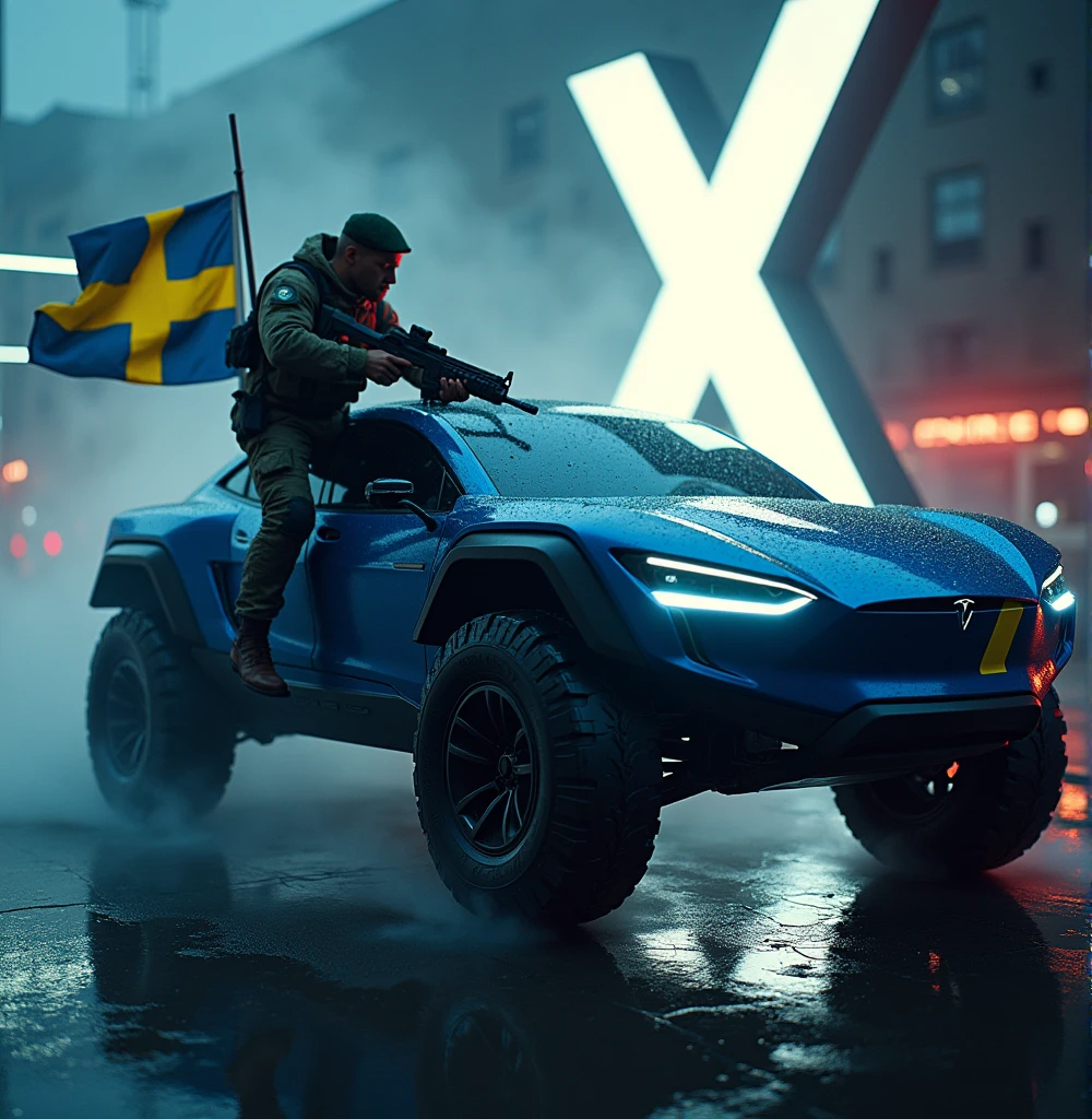 A highly trained Swedish special forces soldier, driving a futuristic blue Tesla Cybertruck with yellow stripes, performing adrenaline-fueled wheelies around a massive X logo sign, wielding an imposing heavy machine gun, a swedish flag on the back of the truck, cinematic, dramatic lighting, hyper-realistic, 8K, 3D render, photorealistic, chiaroscuro, moody, gritty, military, tactical, advanced technology, dynamic pose, muscular physique, tactical gear, serious expression, rugged environment, stunning visuals, powerful, intense