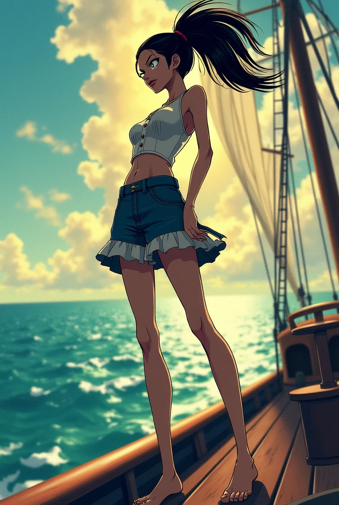 One Piece,Hancock stands at the bow of the ship.,Beautiful legs、Random Hairstyle、pause、Serious expression、Half open mouth,Look straight ahead