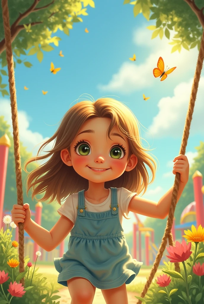 Creates an image of a child, She should have straight hair, and dark blonde. Her eyes will be slanted and greenish brown. And her skin is a bit tanned.