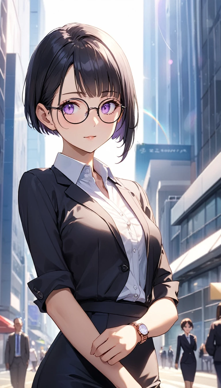 dynamic angle, leaning forward, sexy pose, bewitching pose, Very cute pose, Highest quality、Best image quality、masterpiece、Anime Style、a girl、Beautiful Eyes、black hair, purple eyes、Short bob cut、(sideburns), middle part, (flat chest)、slender、Tight waist、Small Ass、Round Glasses、Beautiful Face、Natural smile, red cheek, office lady, (micro mini-skirt), noon、In the office district、skyscraper、watch、cowboy shot, Shallow depth of field、