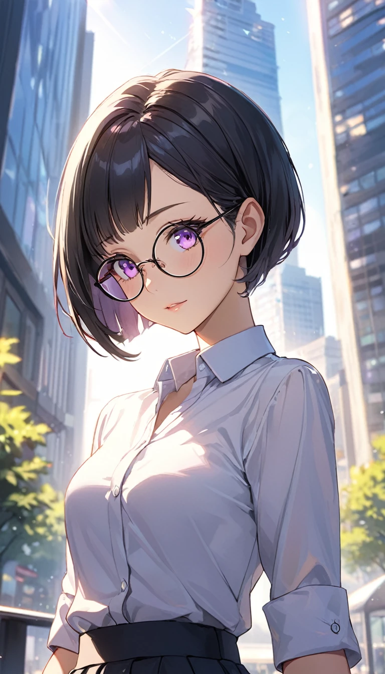 Highest quality、Best image quality、masterpiece、Anime Style、a girl、Beautiful Eyes、black hair, purple eyes、pixie cut、forehead, (flat chest)、slender、Tight waist、Round Glasses、office lady, skirt, noon、Outdoor、upper body, Natural light、Shallow depth of field、looking Watches, Watches, In the office district、skyscraper、Lens flare
