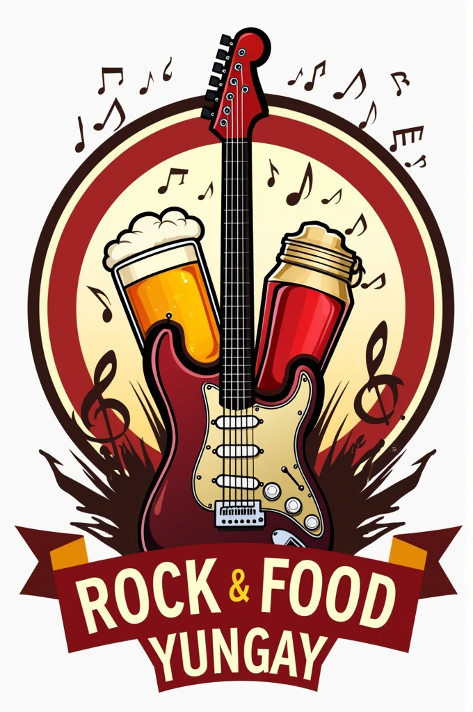 Please generate the logo for a fast food restaurant that sells craft beer, craft soda, craft alcoholic beverages with live rock music and called Rock & Food Yungay
