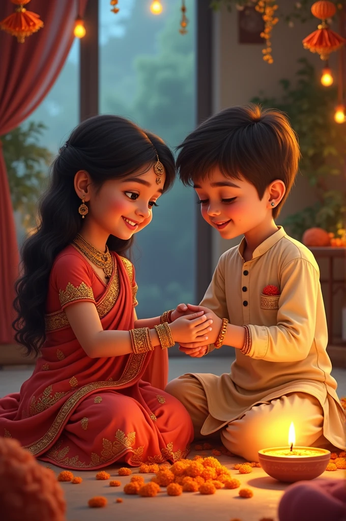 Very lovely moment of Rakshabandhan of brother and sister together, sister tying sweet Raksha Sutra to the brother and a beautiful image