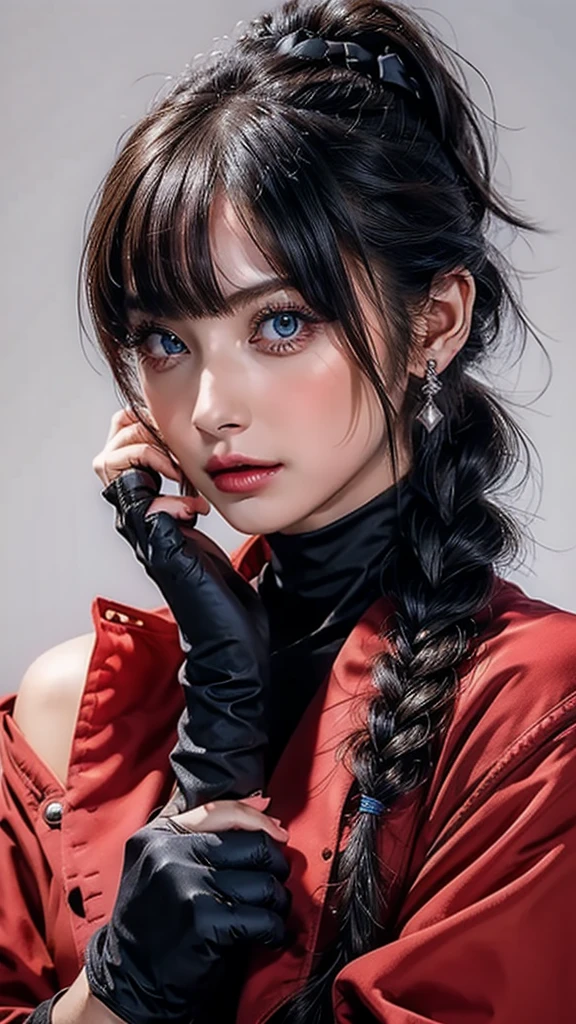 ((Beautiful Face:1.4)), (Purelos Face_v1: 1.0), Half Body,((White simple background)),one person, return,((Natural Big Breasts:1.0)), (Beautiful Japanese Women),bangs, Exposing shoulders, black gloves, Blue eyes, Braiding, choker, Earrings, fingerless gloves, From behind, gloves, Grey Hair, Holding, Jacket, jewelry, Long Hair, View your viewers, looking return, Manicure, Off the shoulder, Lips parted, Earrings, ponytail, red Jacket, alone, Upper Body,[[Realistic]],(Glowing Skin),(masterpiece:1.4),(Highest quality:1.4)