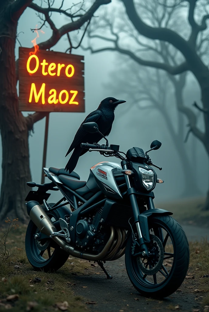 Northern Mockingbird, black color, riding a Yamaha FZ motorcycle, with a terrifying forest landscape, on a tree a sign in flames with the name: Otero Maoz.