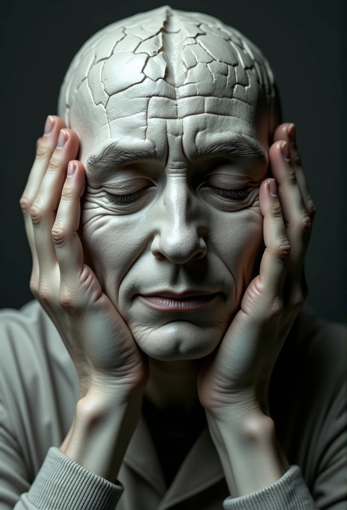 Holding head with both hands, Wrinkled face made of paper, Exposed cerebral miso,face with closed eyes,Abstract portrait close-up,surreal dark art,4K,face detailed