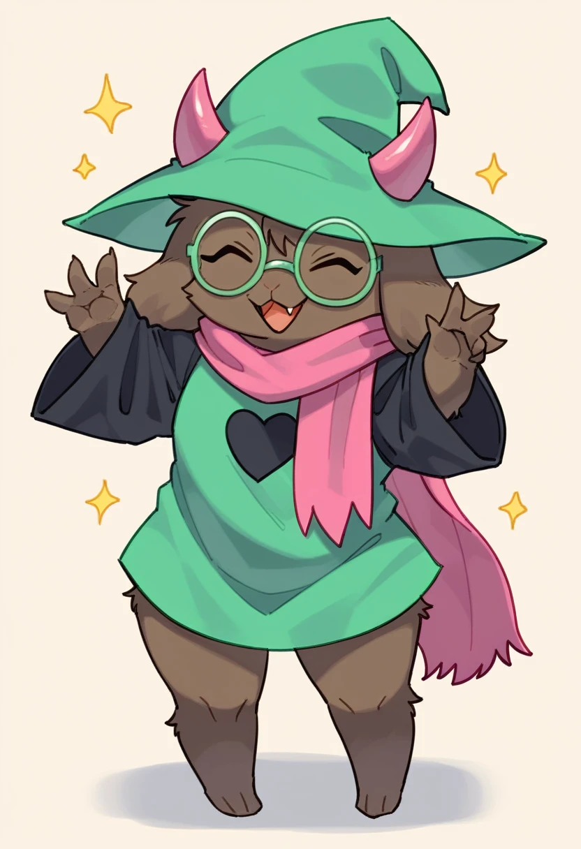  (score_9, score_8_up),furry, fur, face, Ralsei(deltarune), goat, dark fur, pink horns, black sleeves, cute, green glasses, hatless, green shirt, standing, arms up with his hands doing the L sign,pink scarf,closed eyes, happy, smug face, bending over, wide hips,  fat ass,   {{{kame (kamepan44231), no humans, chibi, jitome, fumo (doll)}}}, portrait. 1furry, solo
