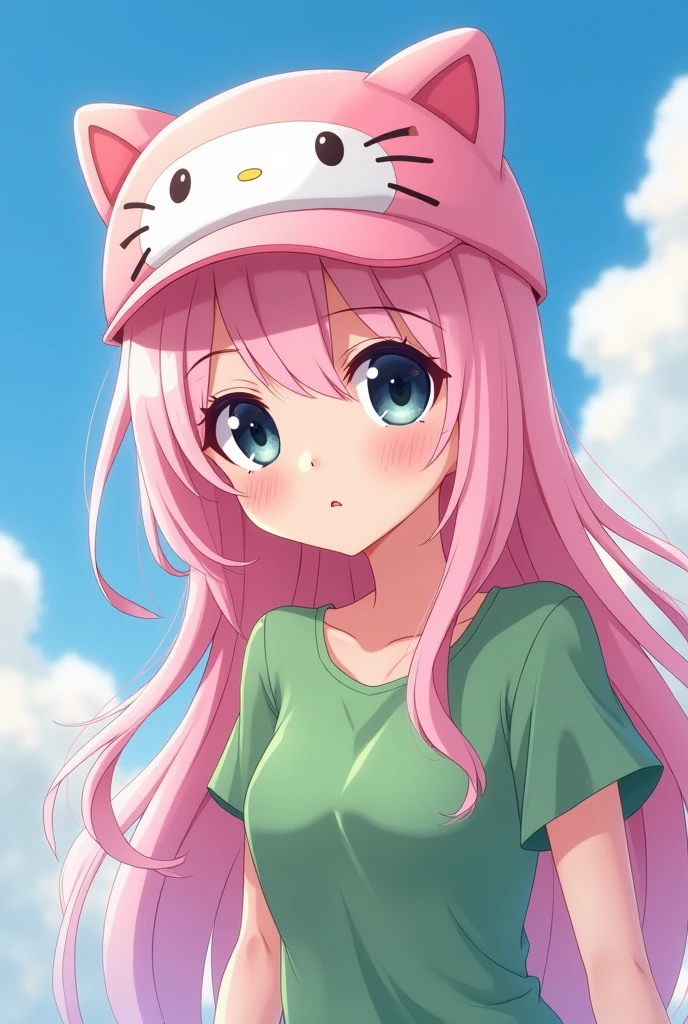 Anime girl with light pink hair, large breasts, wearing a green shirt, slim and beautiful with black eyes, a light pink Hello Kitty hat, cute.