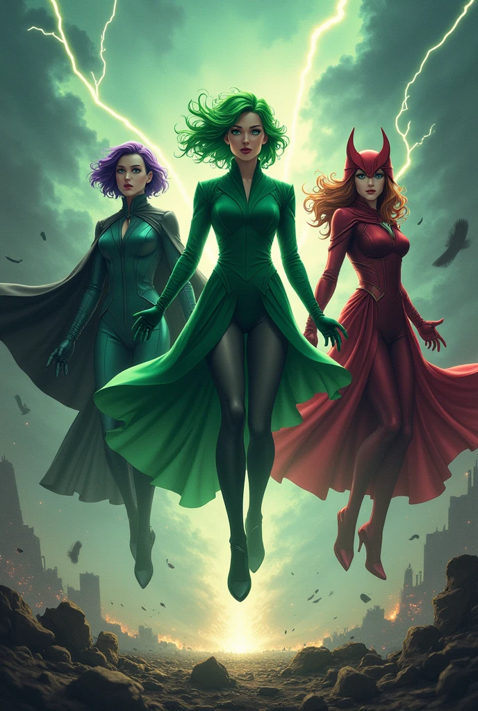 Tatsumaki, raven and Scarlett Witch elevated a few meters from the ground, Tatsumaki as in the One Punch Man manga, raven as in DC comics and Scarlett Witch as in the MCU, in a destroyed environment similar to the final fight of end game, epic, slightly realistic style but noticeable drawing , Tatsumaki with her green hair, Raven purple hair and Scarlett reddish hair
The Tatsumaki style is the same as the manga, Her dress, just that and their hair isn't that long, Tatsumaki's style is in Japanese manga style, Raven is in American comic style and Scarlett is in UCM style, The three are nothing alike, each one has their own style
Tatsumaki, a character from the manga and anime *One punch Man*, she wears a dress that is quite distinctive. She wears an emerald green dress that fits her body. The design of the dress is long-sleeved, and the fabric appears to be flowing and elegant. The dress has a straight cut that reaches her knees and is accompanied by a small cape that extends backwards. The aesthetic of her clothing complements her personality and psychic abilities, giving it an air of elegance and authority.
in *Doctor Strange in the Multiverse of Madness* (2022), Wanda Maximoff, also known as Scarlet Witch, she wears an outfit that is both imposing and symbolic. Her outfit in the movie includes:
1. **Horned Helmet**: A red horned helmet that accentuates her powerful sorceress look and is a key part of her appearance as Scarlet Witch.
2. **Red dress**: She wears a dark red dress that is fitted and extends to the floor. The design of the dress is elegant and dramatic, with details that give it a majestic and authoritative air.
3. **layer**: The dress is complemented by a flowing red cape behind her, adding a visually stunning effect that is in keeping with her character.
4. **gloves**: She wears long red gloves that complement the design of the dress.
The outfit is