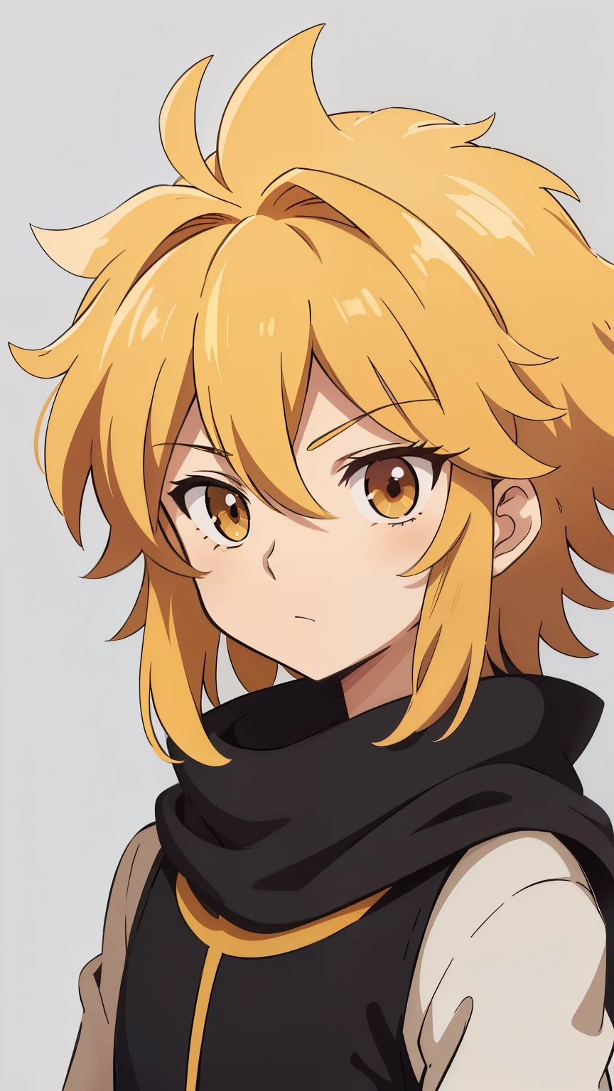 (high-quality, breathtaking),(expressive eyes, perfect face) 1male, boy, Symmetrical Eyes, solo, shota, adolescent age, young face, medium hair length, fluffy wavy hair, light golden blonde hair color, slightly narrow eyes, masculine face, golden yellow color eyes, red scarf, hair between eyes, long sleeved black tunic, gold trim, age 7, portrait, narrow eyes, grey background, music, spiked hair, upper body, music notes background, short height, hypnos saint seiya, Shun hairstyle
