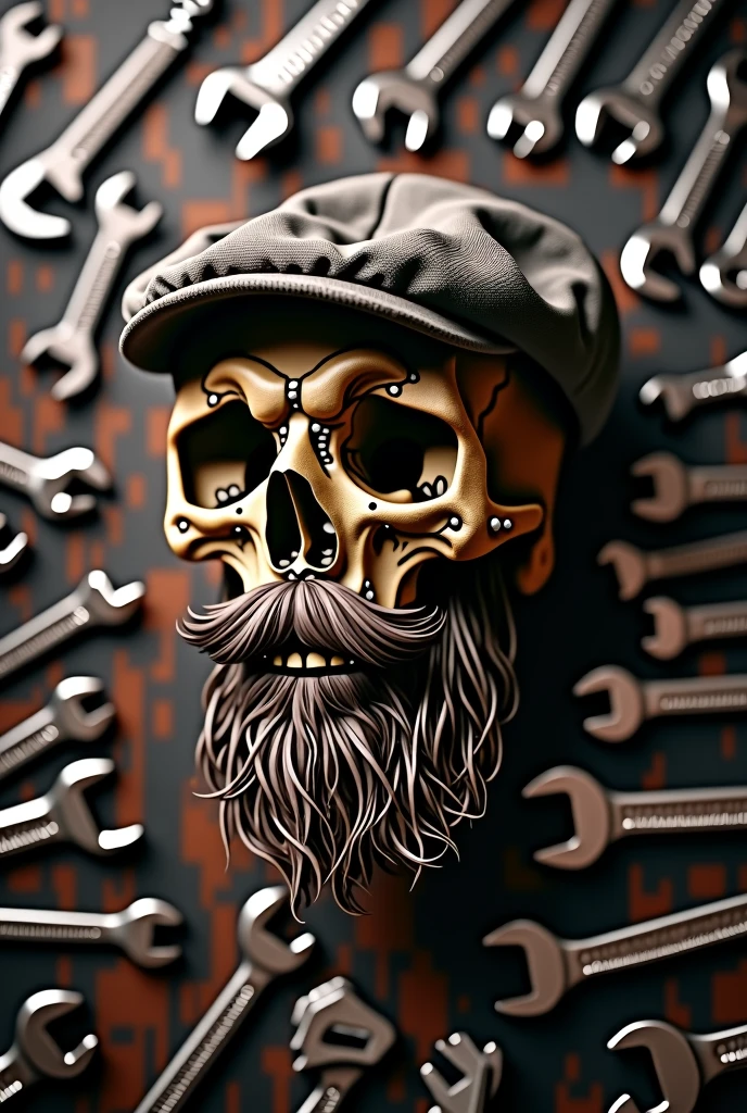 masterpiece, Best Quality, 4k, 8k, ultra detailed background of french wrenches, delicate pattern, complex and detailed background, studio lighting, Fantastic, skull with beard and mustache, skull with cap 