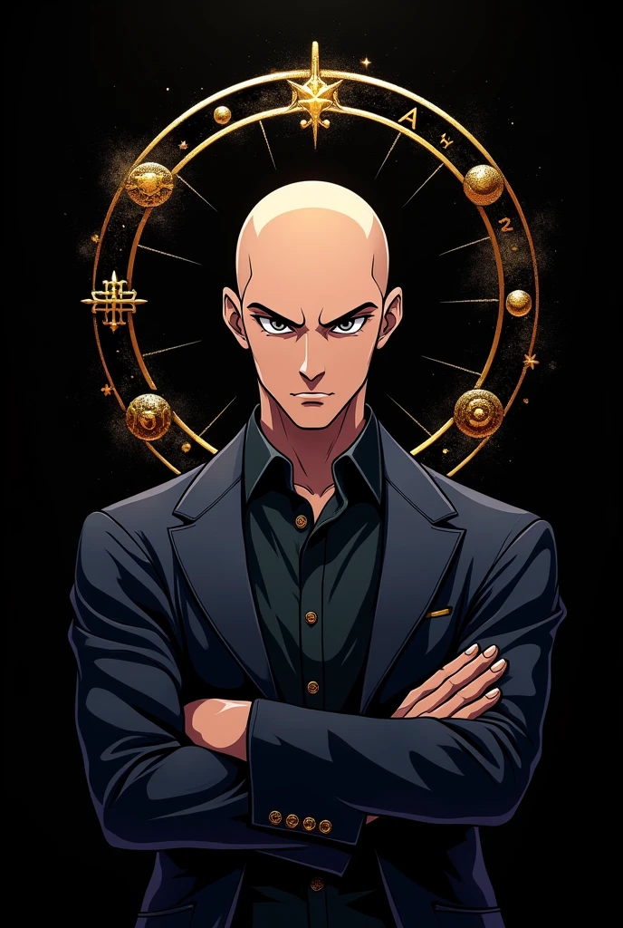 I need a YouTube logo that's alchemy themed and features a bald anime man with a black background.