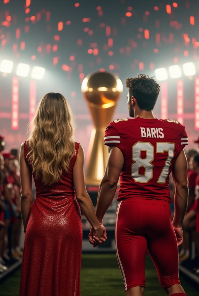 a couple, both around 30 years old, she blonde and in a shiny dress, he in red football uniform with the number 87 on his uniform, don't show faces, just them holding hands with a large trophy behind them