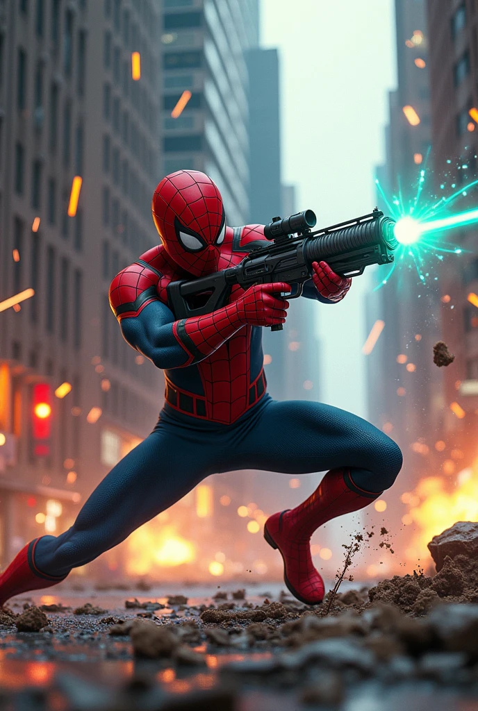 Visualize Spider-Man in an intense battle scene, holding a high-tech gun, which is unlike his usual gear, adding a unique twist to his character. Spider-Man is mid-action, firing the gun, with a burst of energy or bullets emerging from the barrel. The gun is sleek and futuristic, glowing with blue or green energy. The bullets or energy projectiles are vividly detailed, streaking through the air with a trail of light behind them.Spider-Man's stance is dynamic—one knee bent as he dodges an incoming attack, his other hand outstretched, ready to shoot another web. The background is chaotic, perhaps in a futuristic city or a tech-laden villain’s lair, with sparks, debris, and explosions highlighting the intensity of the fight. The lighting should emphasize the energy from the gun, casting a glow on Spider-Man's suit, and capturing the action-packed moment.