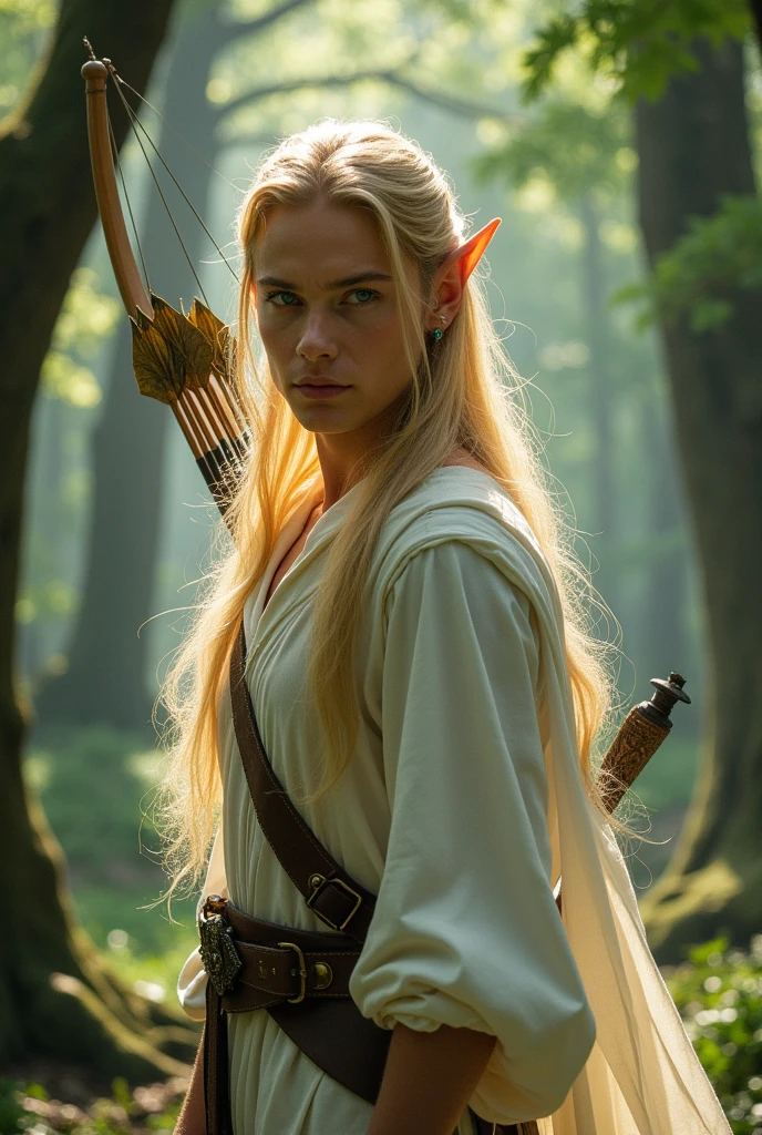 create a character in the medieval era.
a male elf,Blonde hair and green eyes.
wearing white clothes and a bow and arrow