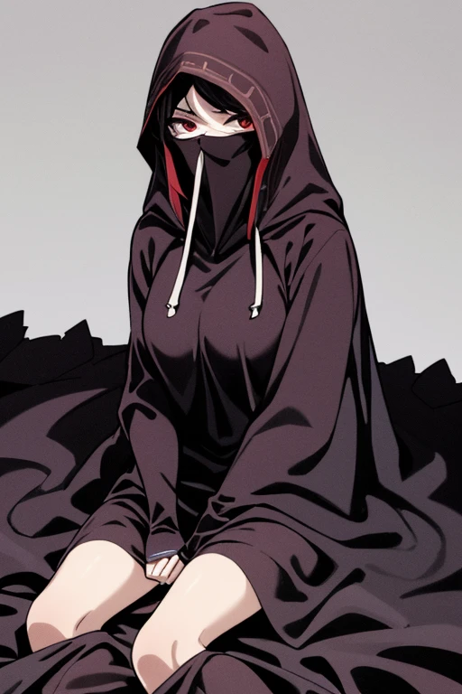NNAssassinFSF, 1girl, solo, median breasts, black hair, red eyes, long cape sleeves, sleeves covered hands, no hands, dress, long cape, cape, black cloak, hood up, black robe, covered mouth, hooded cloak, ((masterpiece, best quality)) rooms, sitting 