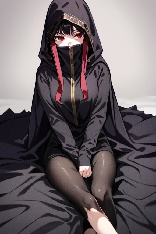 NNAssassinFSF, 1girl, solo, median breasts, black hair, red eyes, long cape sleeves, sleeves covered hands, no hands, dress, long cape, cape, black cloak, hood up, black robe, covered mouth, hooded cloak, ((masterpiece, best quality)) rooms, sitting 
