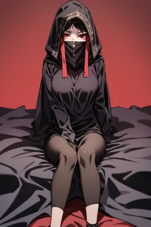 NNAssassinFSF, 1girl, solo, median breasts, black hair, red eyes, long cape sleeves, sleeves covered hands, no hands, dress, long cape, cape, black cloak, hood up, black robe, covered mouth, hooded cloak, ((masterpiece, best quality)) rooms, sitting 