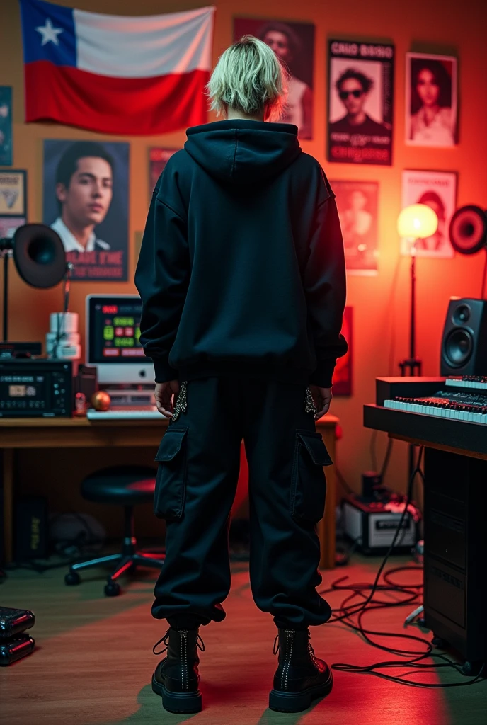 a trap singer, male, dark blond, looked from back, wearing all black clothes, oversized, hoodie, wide trousers, boots, chains, streetwear, standing on a music studio, con la bandera de chile
