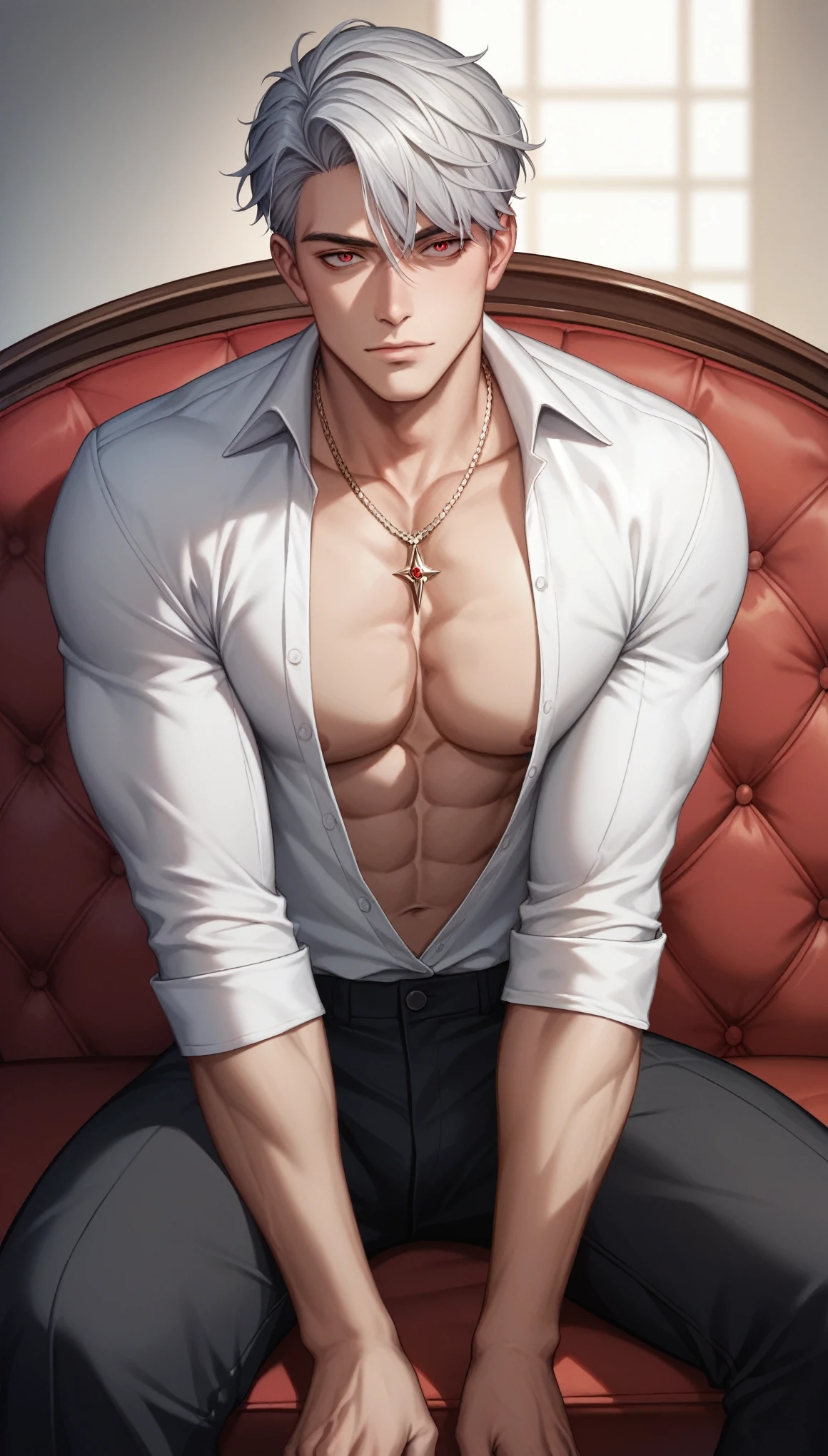 Anime man lying on bed,hands on the chest, Handsome anime pose, Shirtless :: High detail, male art, prefect body, perfectly shaded body, Sweaty skin!!, Muscular!!, water dripping off him, extra detailed body, Tall anime guy with blue eyes, Detailed body