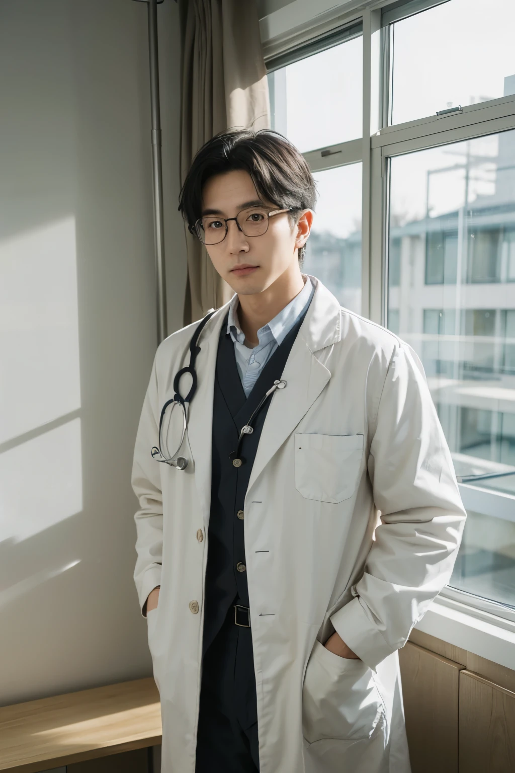 High quality photos、Senior Japanese male doctor、Gray Hair、Wearing glasses、Gentle expression、Wearing a white coat、Stethoscope、Examination room、Bright window sill、Patient interaction scene、Take notes on the clipboard、Professional atmosphere、Soft natural light、Medical environment、Trustworthy posture、Sharp details