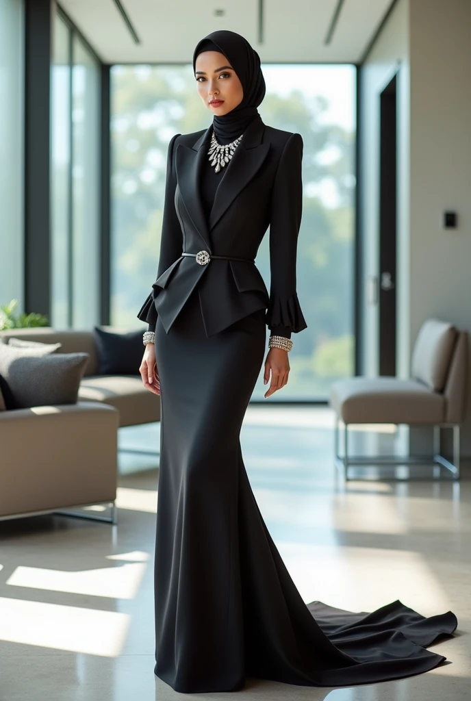 Hijabi women wear two-piece office dress set, pencil maxi skirt, wear peplum blazer with puff sleeves, skirt have a very long train about 7 meter long, wear jewellery, sexy pose in office room